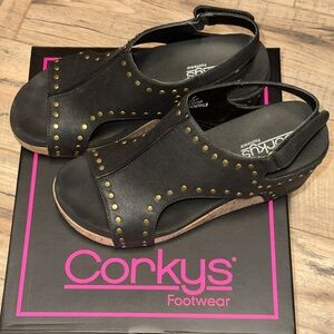 Corkys Black and Gold Wedge Sandals